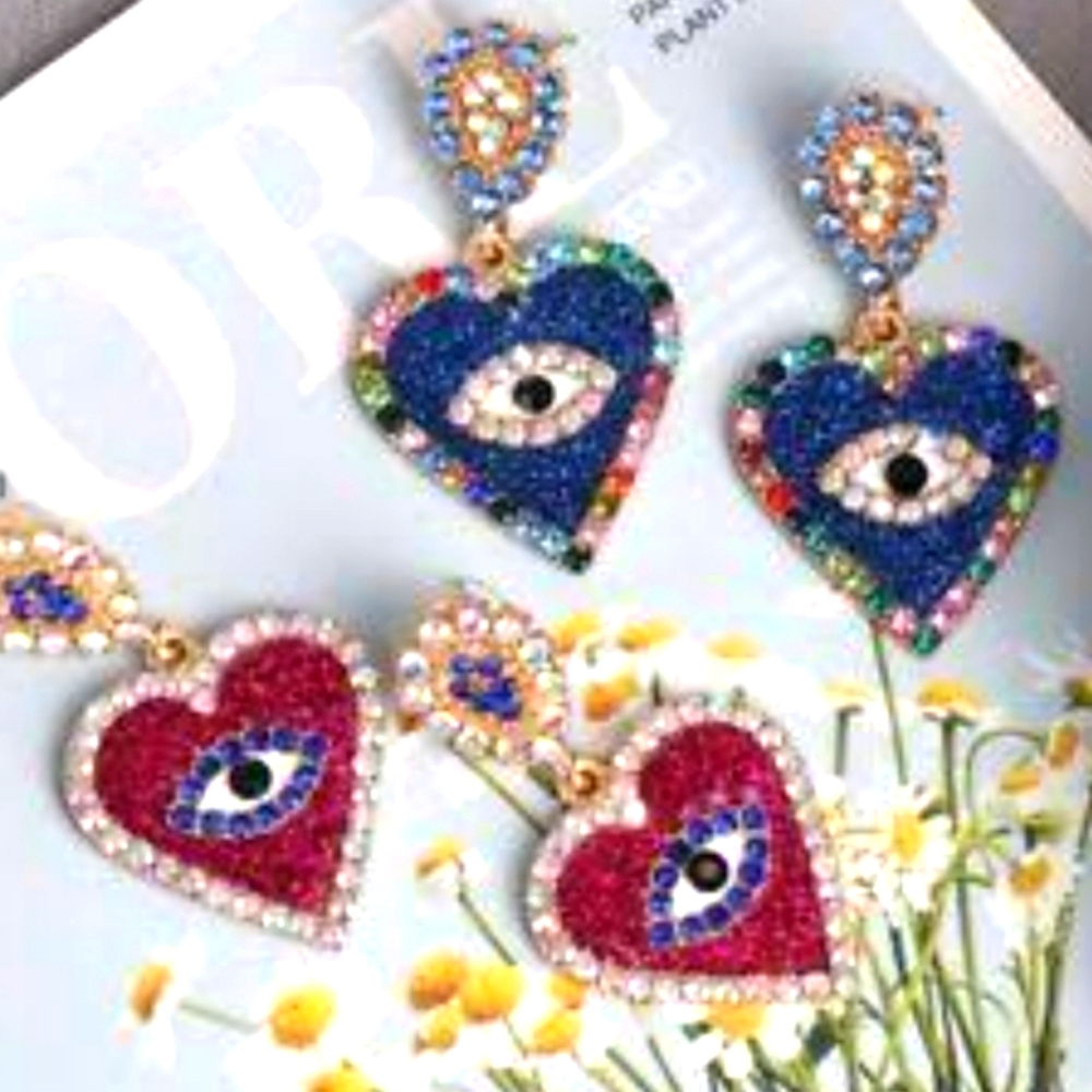 JEWLERY EARRINGS GOLD PLATED BLUE HEART EVIL EYE W/ ACCENTS